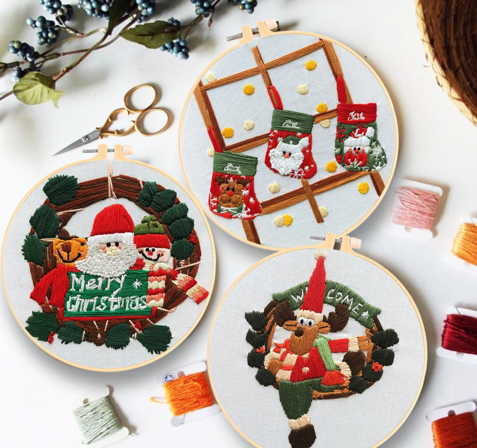 

Santa Christmas Embroidery Kit DIY Needlework New Year Pattern Needlecraft for Beginner(With Hoop)