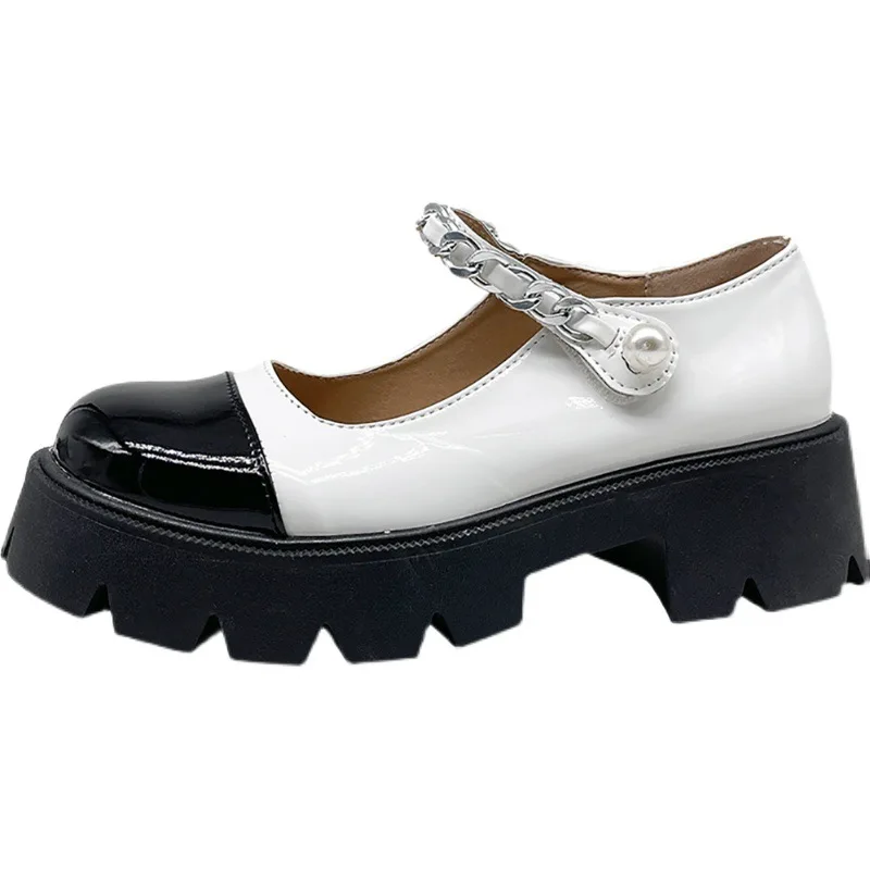 

2021 New Thick-Soled Mary Jane Shoes Round Toe Chain Thick Heel Women's Leather Shoes Patent Leather Increased Word Buckle Shoes