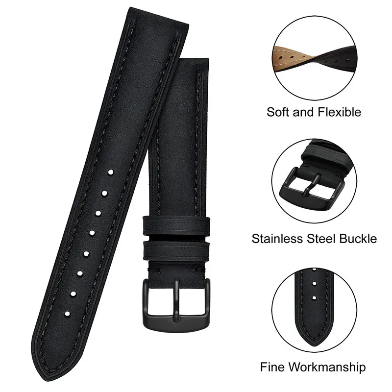 BISONSTRAP Watch Strap 14mm~24mm Retro Vintage Crazy Horse Leather Watchband with Black Buckle,Replacement Band for Men and Wome