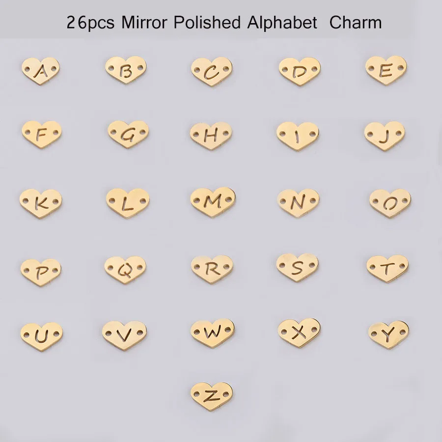 

4 Colors 26 Pcs/Pack 12mm Stainless Steel Double Hole Peach Heart Love A-Z Letter Pendant For Bracelet Necklace DIY Wholesale