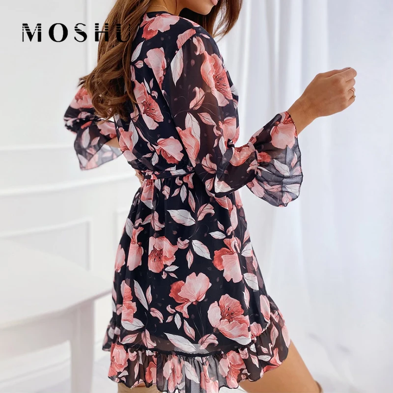 

2021 Flower Print Dress Women Summer Sexy V Neck Mini Dresses Casual Three Quarter Sleeve Ruffle Short Dress Female Vestidos