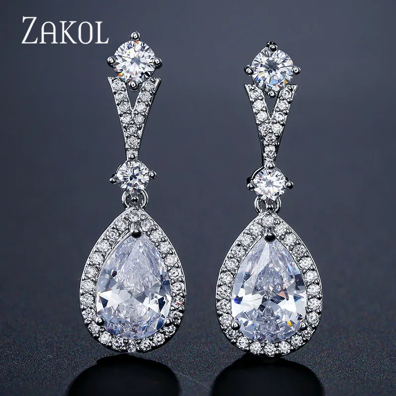 White Color ZAKOL, новинка, модные серьги-капли с фианитами для женщин, модные ювелирные изделия в виде капли воды, очаровательные серьги для свадебной вечеринки, женские подарки FSEP2182 - Окраска металла: White Color