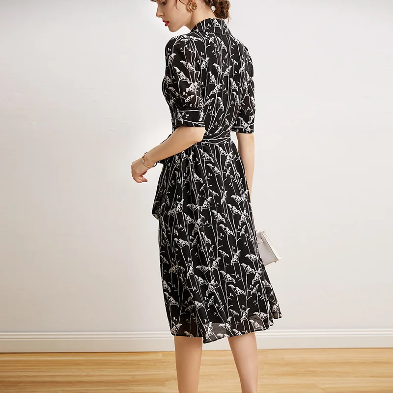

Silk Floral Dress Female Mid-length Summer New Style Waist Belt Puff Sleeve Mulberry Silk A-line Skirt