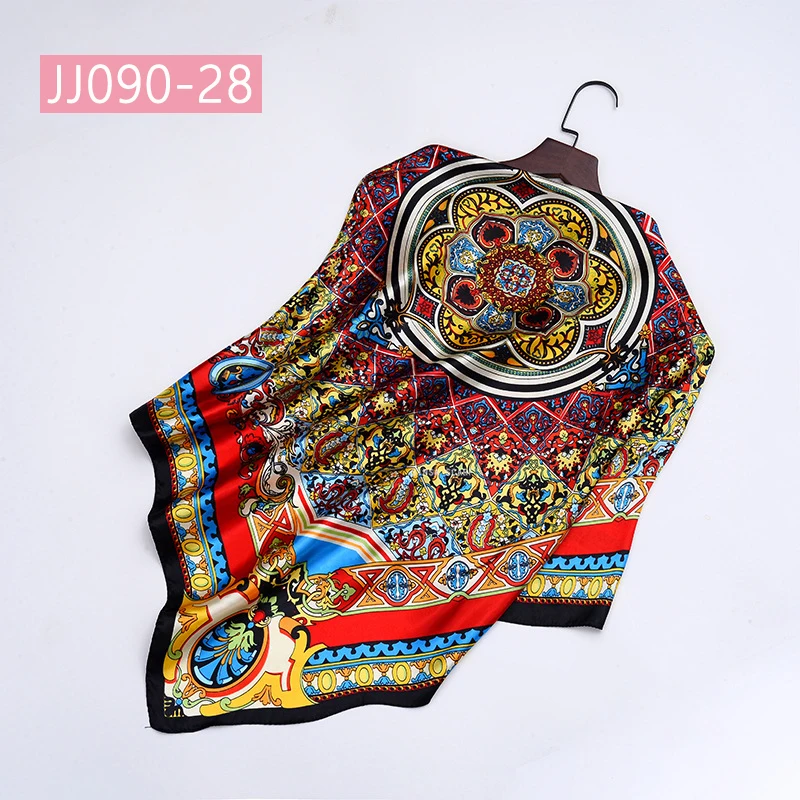 JJ090-28 90*90 см квадратный шарф для женщин, подходит ко всему, элегантные цветочные шарфы для волос, Женская бандана, весна-осень, атласные шелковые шарфы, шаль - Цвет: JJ090-28