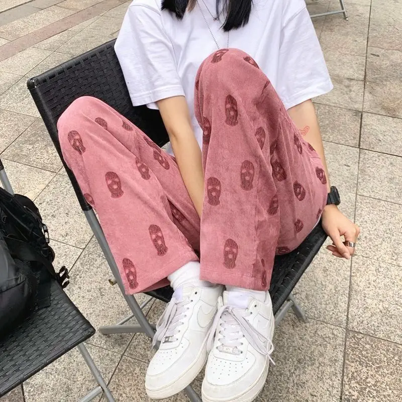 

Graffiti corduroy casual pants women 2021 summer new Korean ins Retro High waist and wide leg pants students
