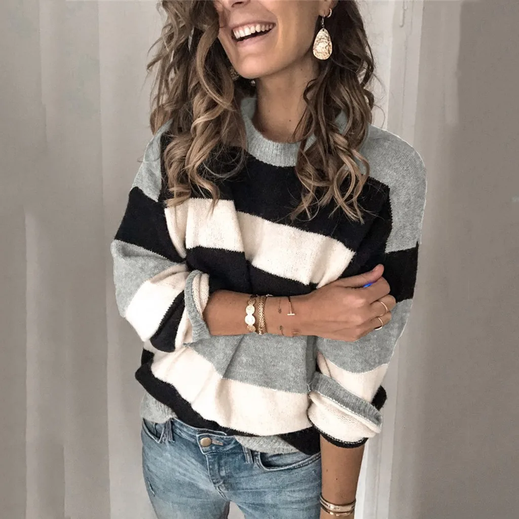 

Winter Sweater Women O-Neck Striped Knitted Sweater Casual Long Sleeve Jumper Female Pullovers Loose Sweater Top