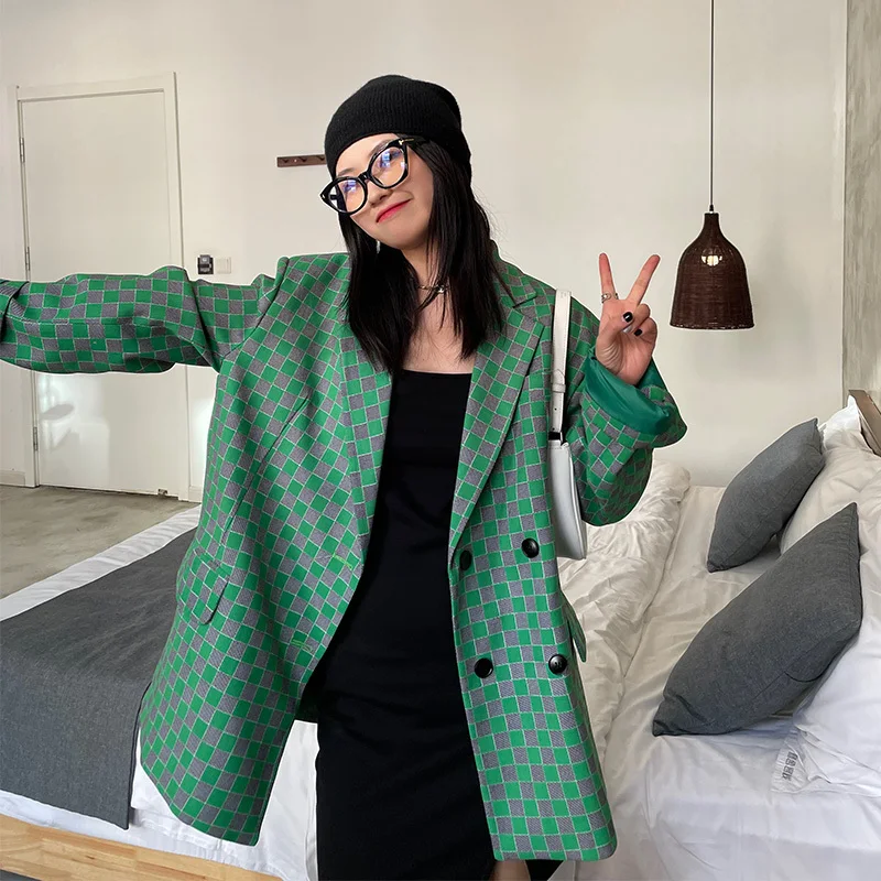 

2021 Autumn Vintage Women Plaid Suit Jacket Green/Grey Coat Loose Casual Double Breasted Long Sleeve Female Blazers Abrigo Mujer