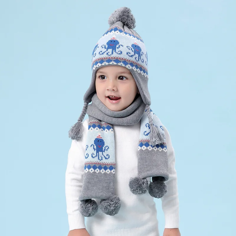 

Boy Hat Scarf Set Winter Earflap Beanie Pompom Fleece Animal Octopus Warm Autumn Skiing Outdoor Baby Toddlers Accessory