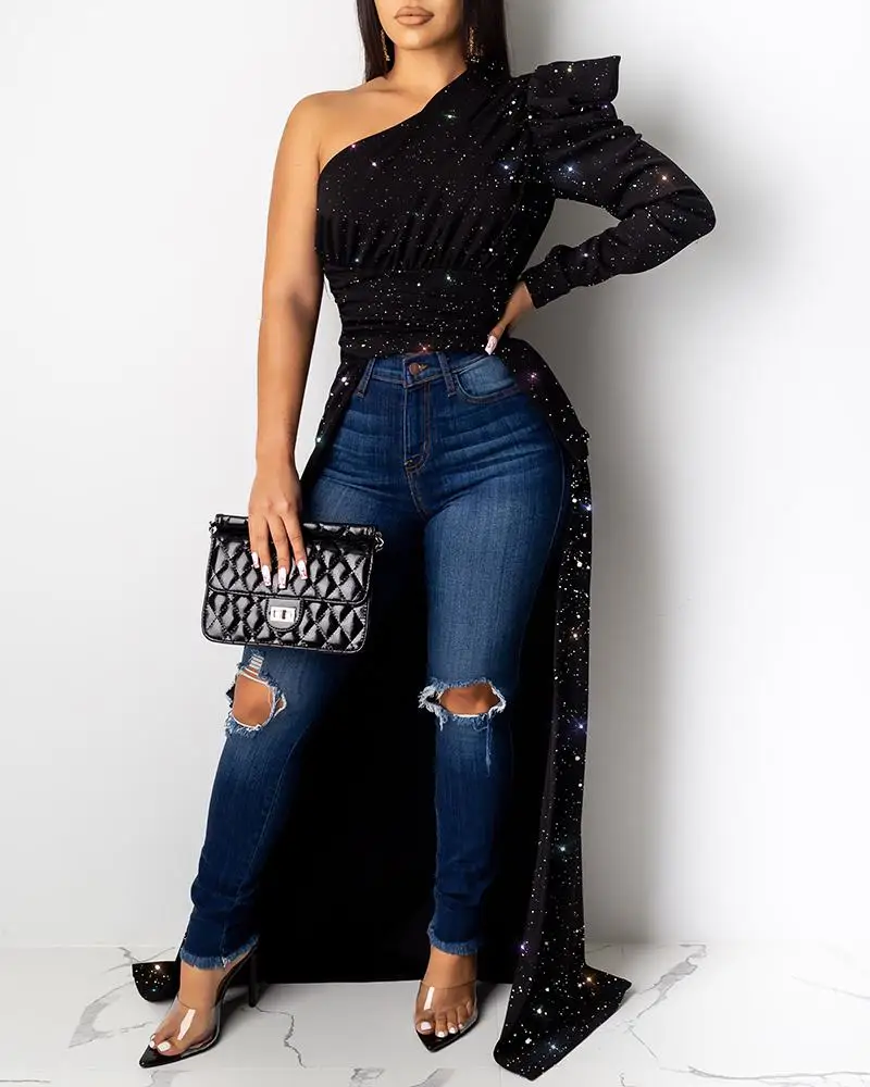 Женская блестящая блузка с длинным рукавом пышным на одно плечо Асимметричный