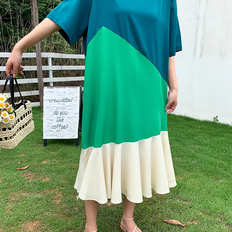 

T Shirt Dress Women Oversize Loose Casual 2021 Summer Midi Dresses Patchwork Hem Colours Block Homewear Korean Style for Girls