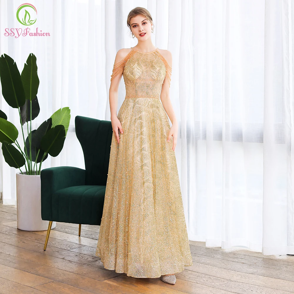 

SSYFashion New Luxury Gold Evening Dress Sexy Halter Tassel Crystal Beading A-line Long Prom Formal Party Gowns Vestido De Noche