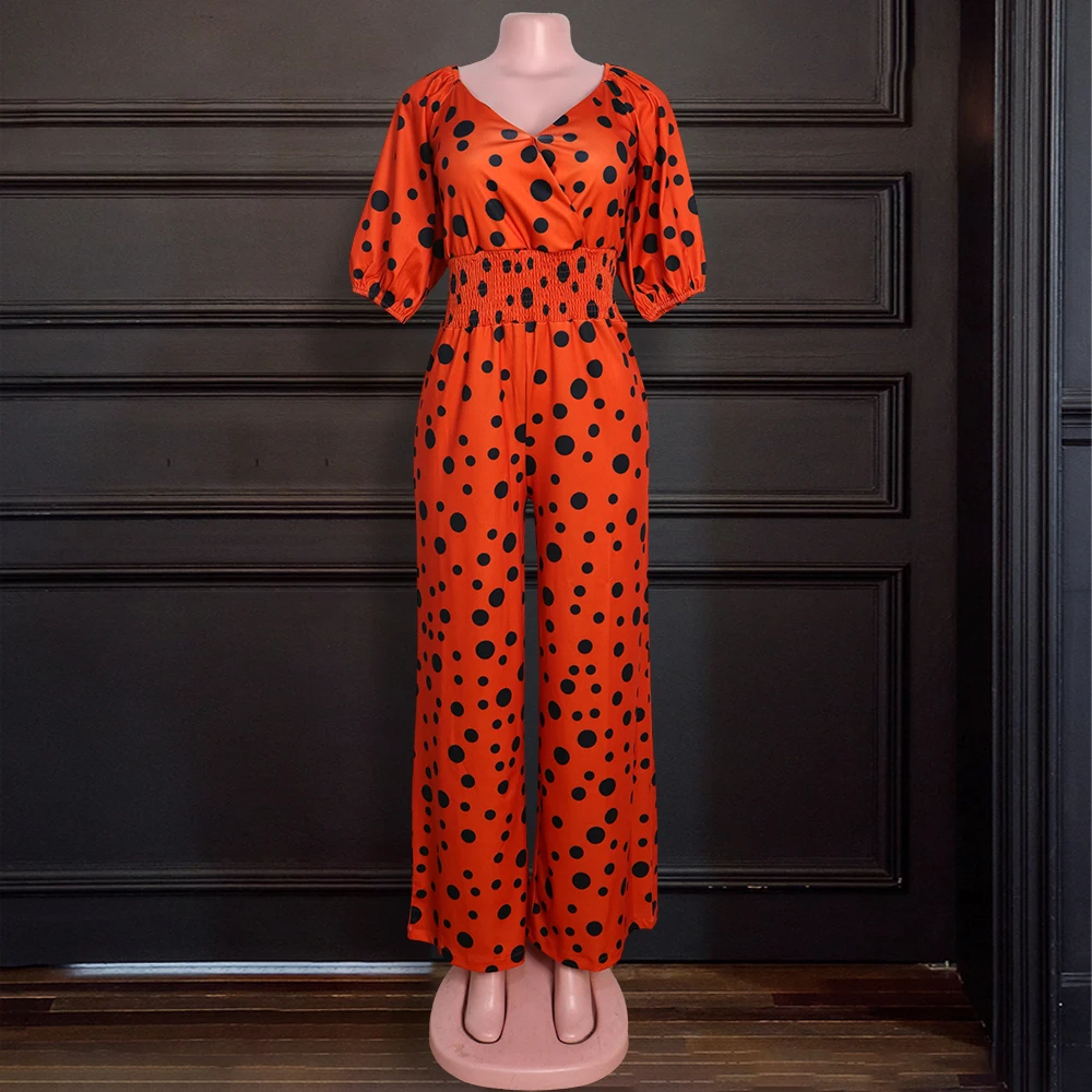 Женский комбинезон с открытыми плечами повседневный оранжевого и черного цвета