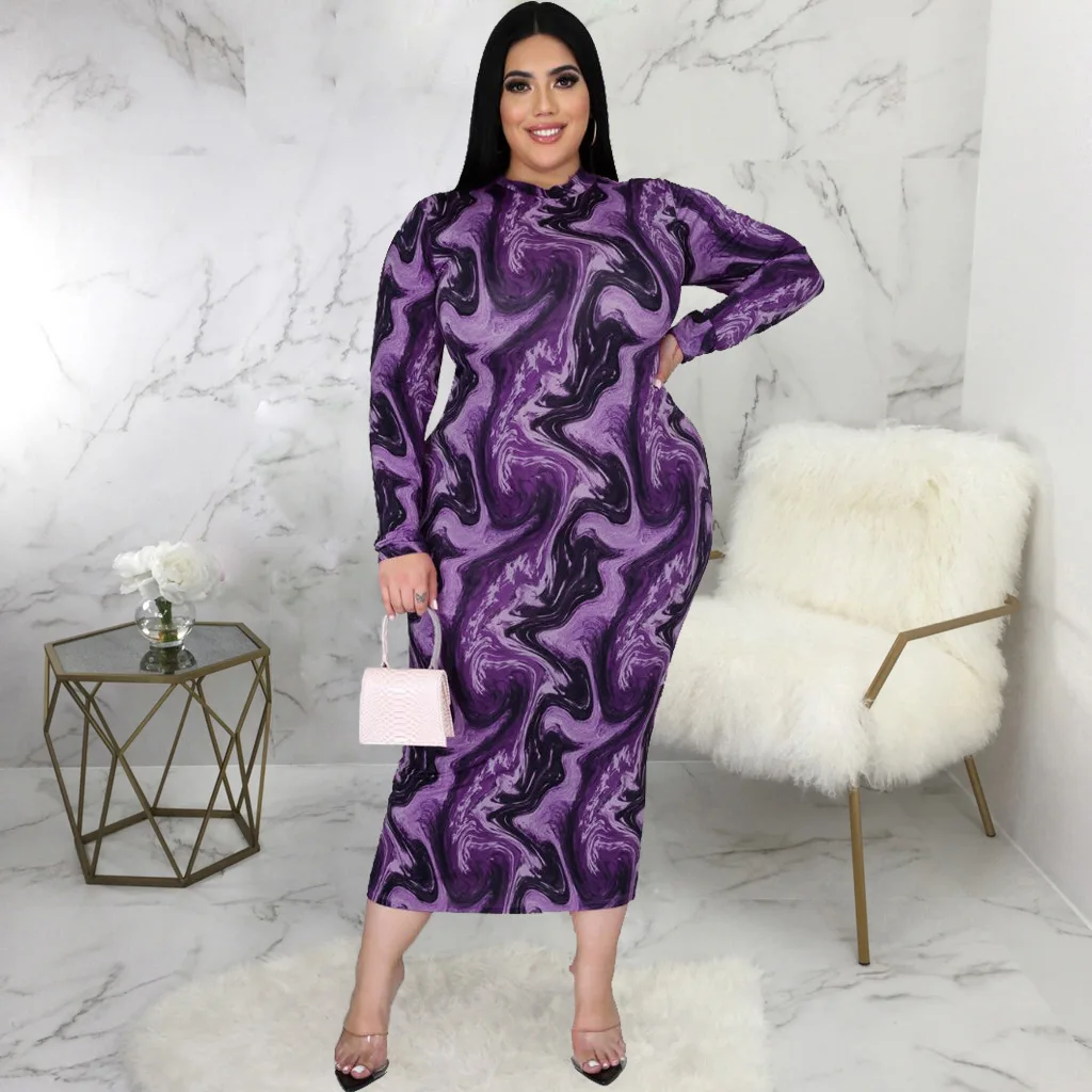 

XL-5XL Plus SizeAesthetic Art Print Sheath Dress Women O-neck Long Sleeve Package Hip Dress Elegant Female Body-shaping Dress