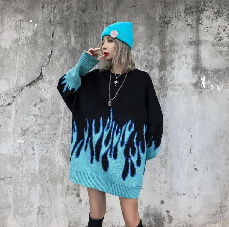 

New Korean Loose Knitted Flame Men and Women Hip Hop Streetwear O-neck Pullover Sweater Fall 2021 Korean Fashion