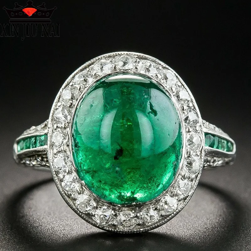 Женское кольцо из стерлингового серебра с большим зеленым овальным камнем