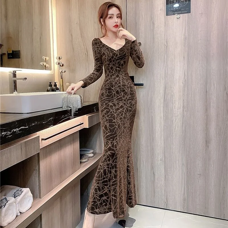 

Socialite Style Women's Bright Silk Figure Fishtail Dress 2021 Autumn New Western Style Youthful-Looking V-neck Dress