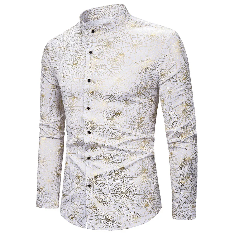 Мужская рубашка с длинным рукавом Золотая бронзовым паутиной воротником-стойкой
