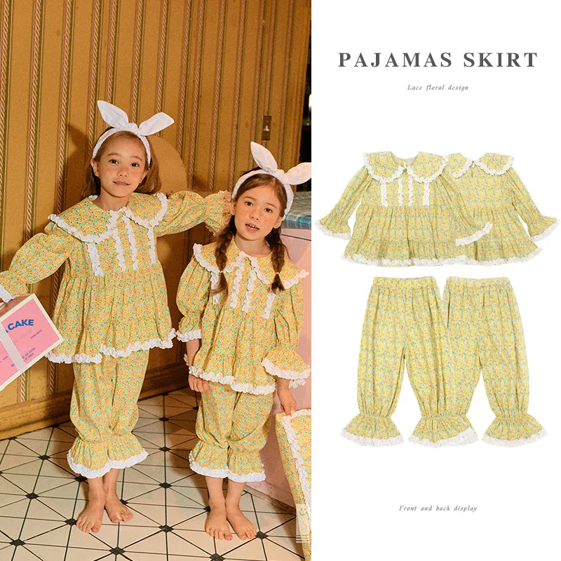 

2020 Autumn/Winter Korean French Pajamas Set Girls Lace Big Lapel Floral Shirt Pants Home Set 2pcs Children Homewear 2-10T