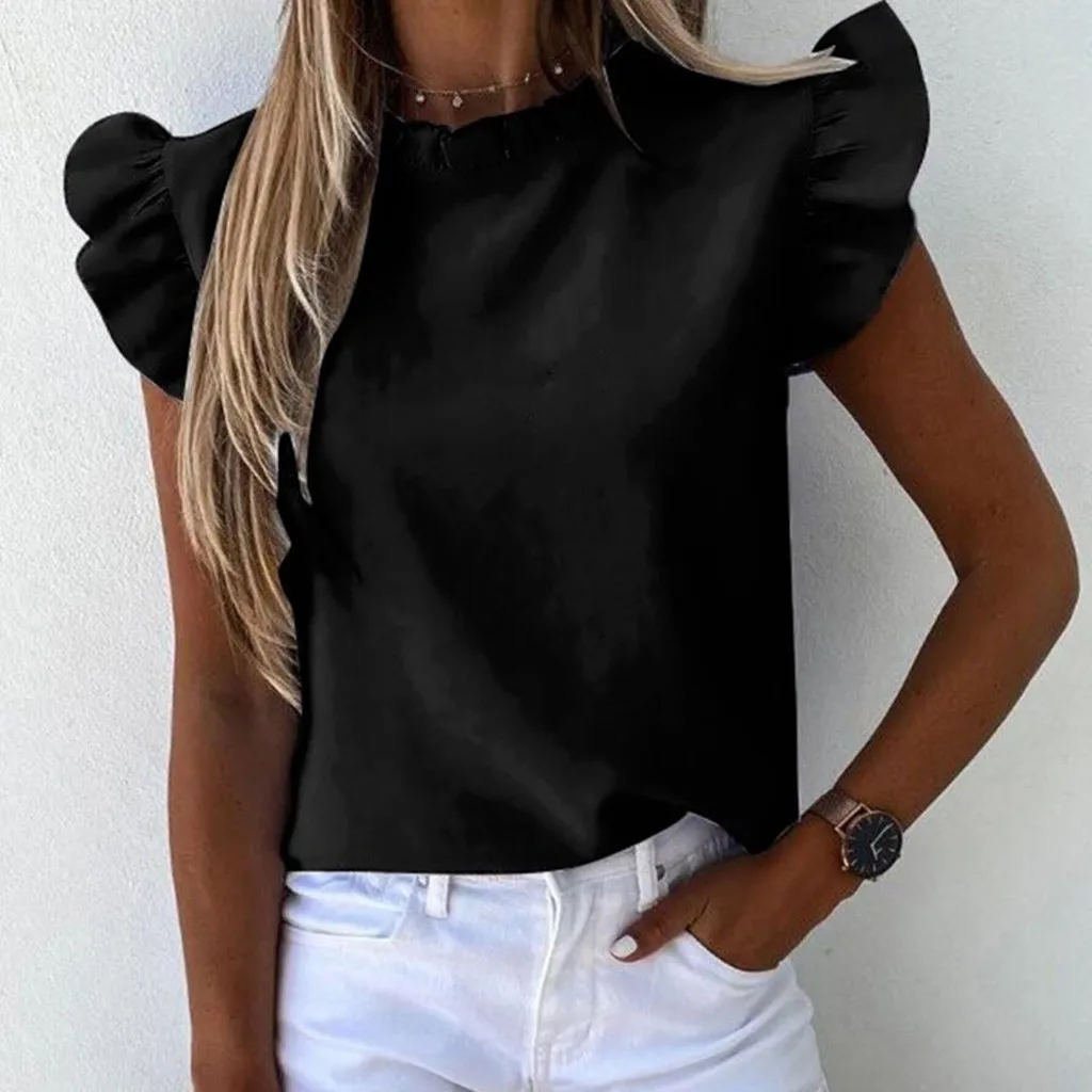 

Vintage Women T-shirts Ruffle Short Sleeve Casual Tee Tops Summer Elegant Ladies Temperament Daily Streetwear Shirt