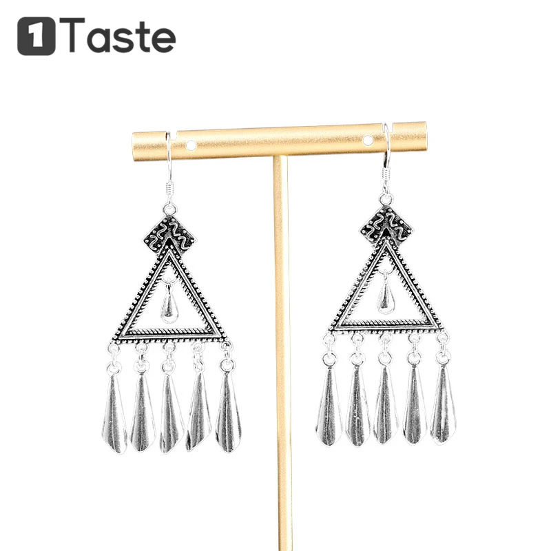 

ONE TASTE S925 Silver Triangle Marcasite Craft Drop Earrings For Women Thai Silver Geometric Trendy Tassels Earring Fine Jewelry
