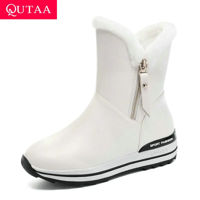 

QUTAA 2020 Winter Warm Fur Platform Women Shoes PU Leather Round Toe Fashion Snow Boots Wedges Zipper Mid Calf Boots Size 34-43