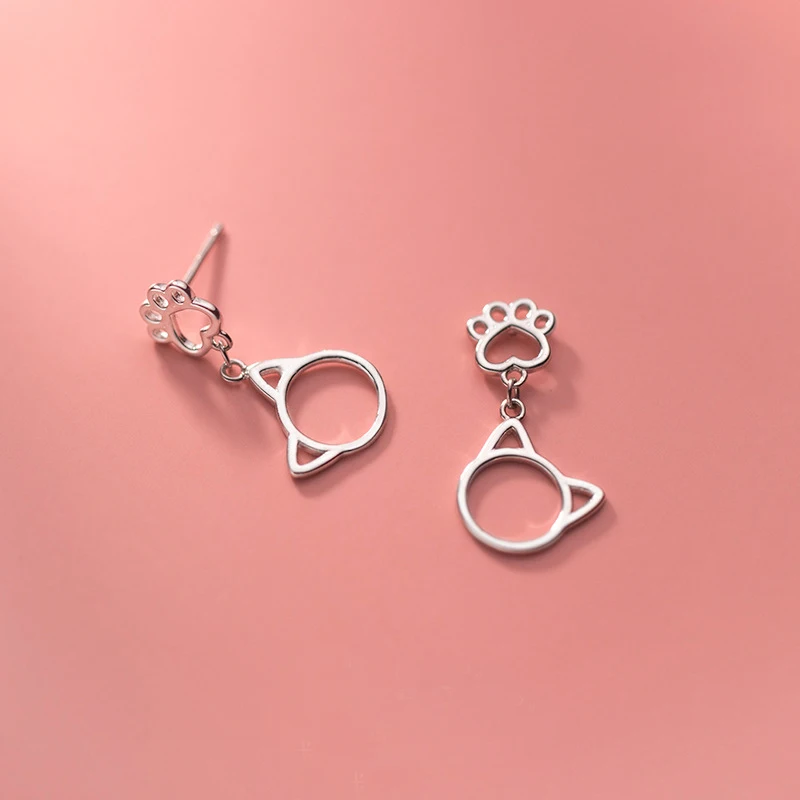 

Real 925 Sterling Silver Hollow Cat and Paw Print Earrings Cute Short Kitten Cat Drop Earrings for Women Girls Birthday Gifts