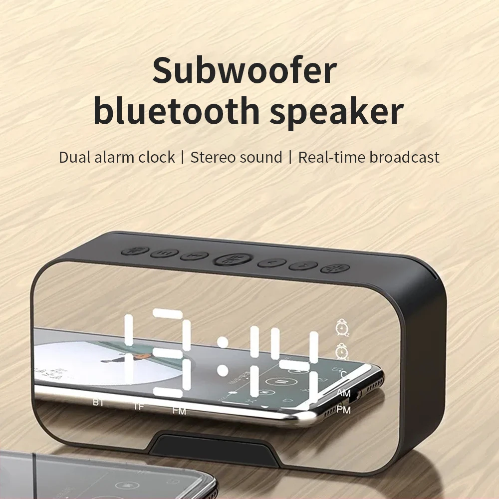 BELK LED Mirror Digital Alarm Clock Subwoofer Wireless Bluetooth Speaker MP3 FM Radio Bluetooth With Phone Holder Function