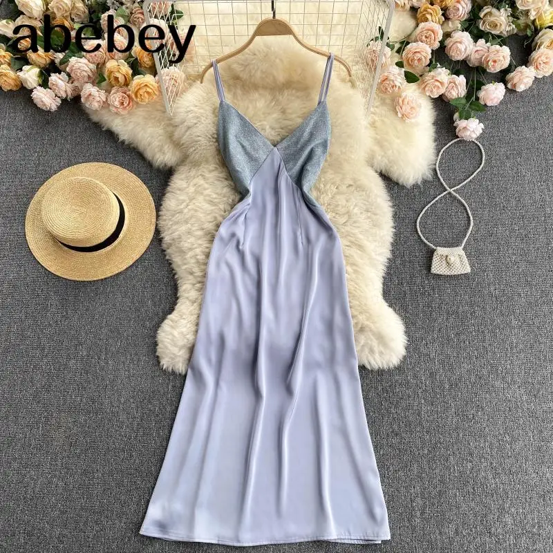 

Women Off Shoulder Strap Dress Sexy Backless Sleeveless V Neck Slim Party Dress Summer Korean Fashion Long Dress