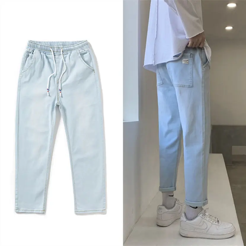 

Elastic waist jeans men's small foot slim straight tube loose 2021 spring and summer new versatile student Capris Korean version