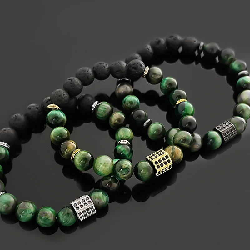 

Unisex Natural Stone Bracelet for Women Green Tigereye Volcanic Rock Charm Couple Bracelets Men's Gemstone Bracelet 10 mm Beads