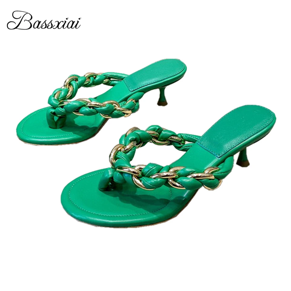 

Genuine Leather Flip Flops Sexy Kitten Heel Slingbacks Slip-On Lazyman Runway Mules Lady Braided Chains Sandals Women Summer