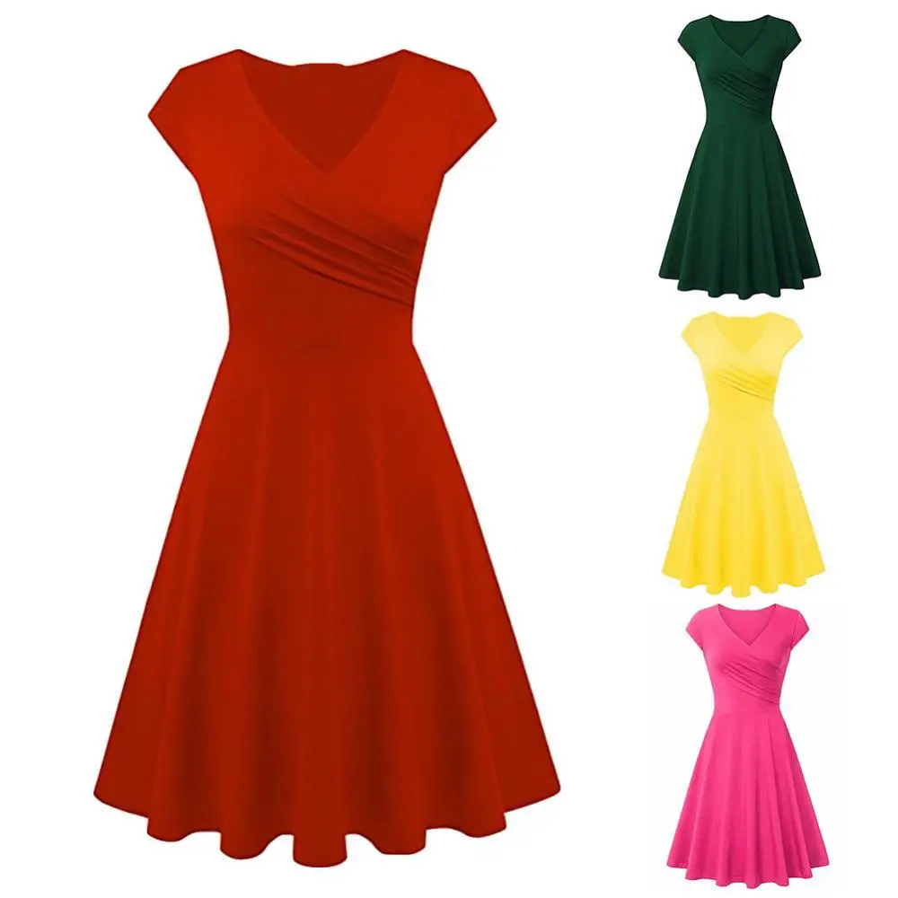 

Casual Women's Dress Solid Summer Slim Swing Dress 2021 Sexy Plus Size Office Versatile Mini Dress Retro V-neck Beach Dresses