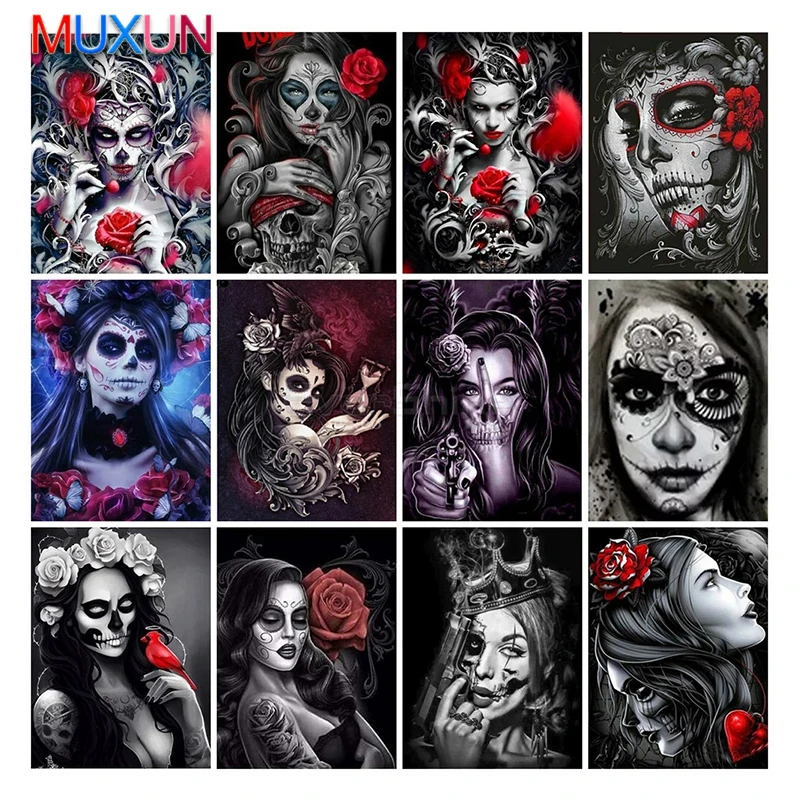 Полная выкладка квадратный 5D Diy алмазная живопись Череп Алмазная вышивка девушка