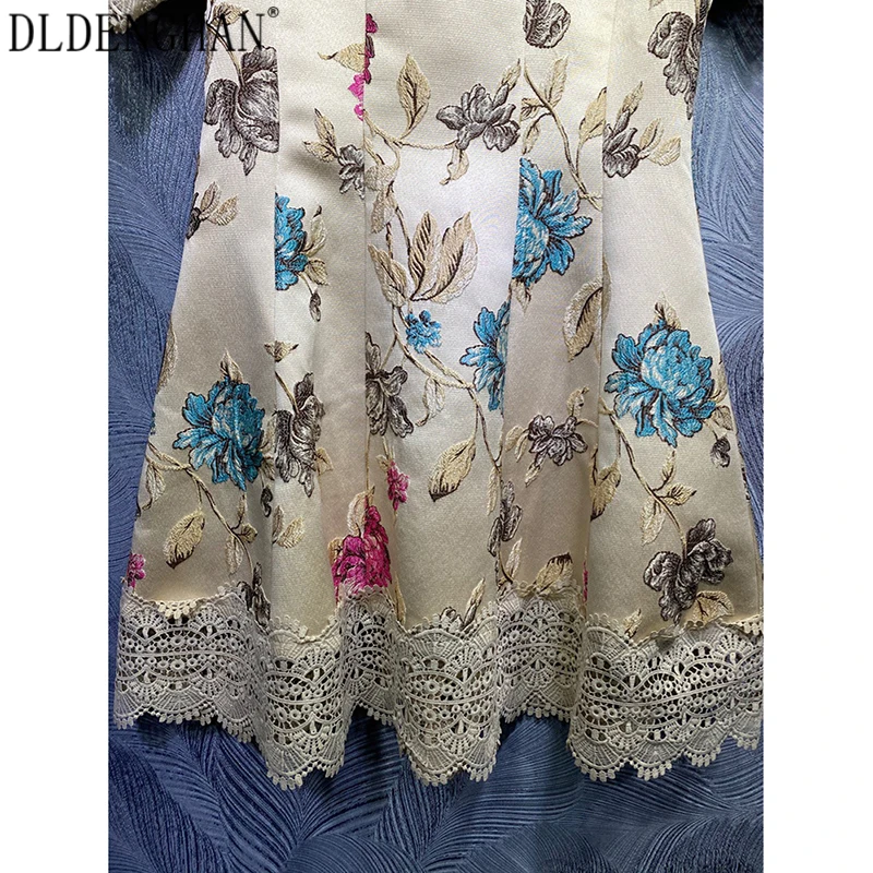 

DLDENGHAN Fashion Jacquard Summer Dress Women's O-Neck Petal Sleeve Lace Patchwork Slim Mini Dresses Designer New
