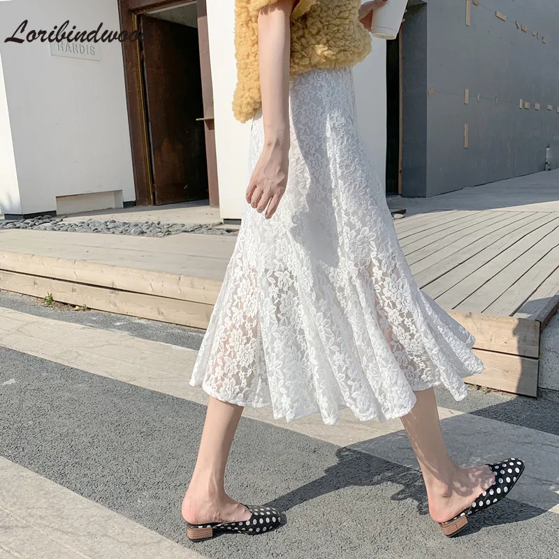 2021 юбка с высокой талией кружевная белая винтажная Модная элегантная подкладка