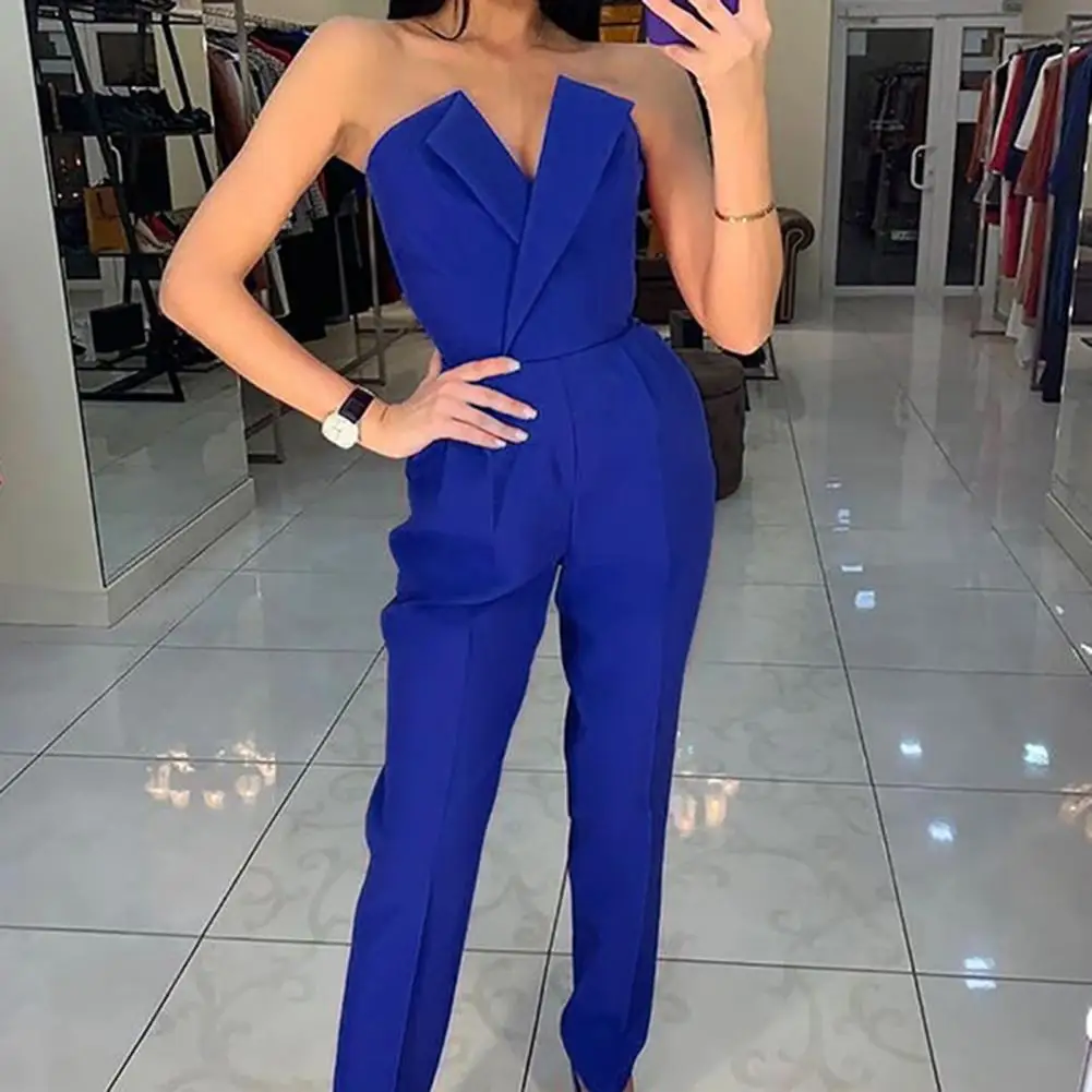 

2021 Women Jumpsuit Solid Color Wide Leg Romper Spring/Summer Strapless V Neck Playsuit for Office Black S-XL ropa mujer