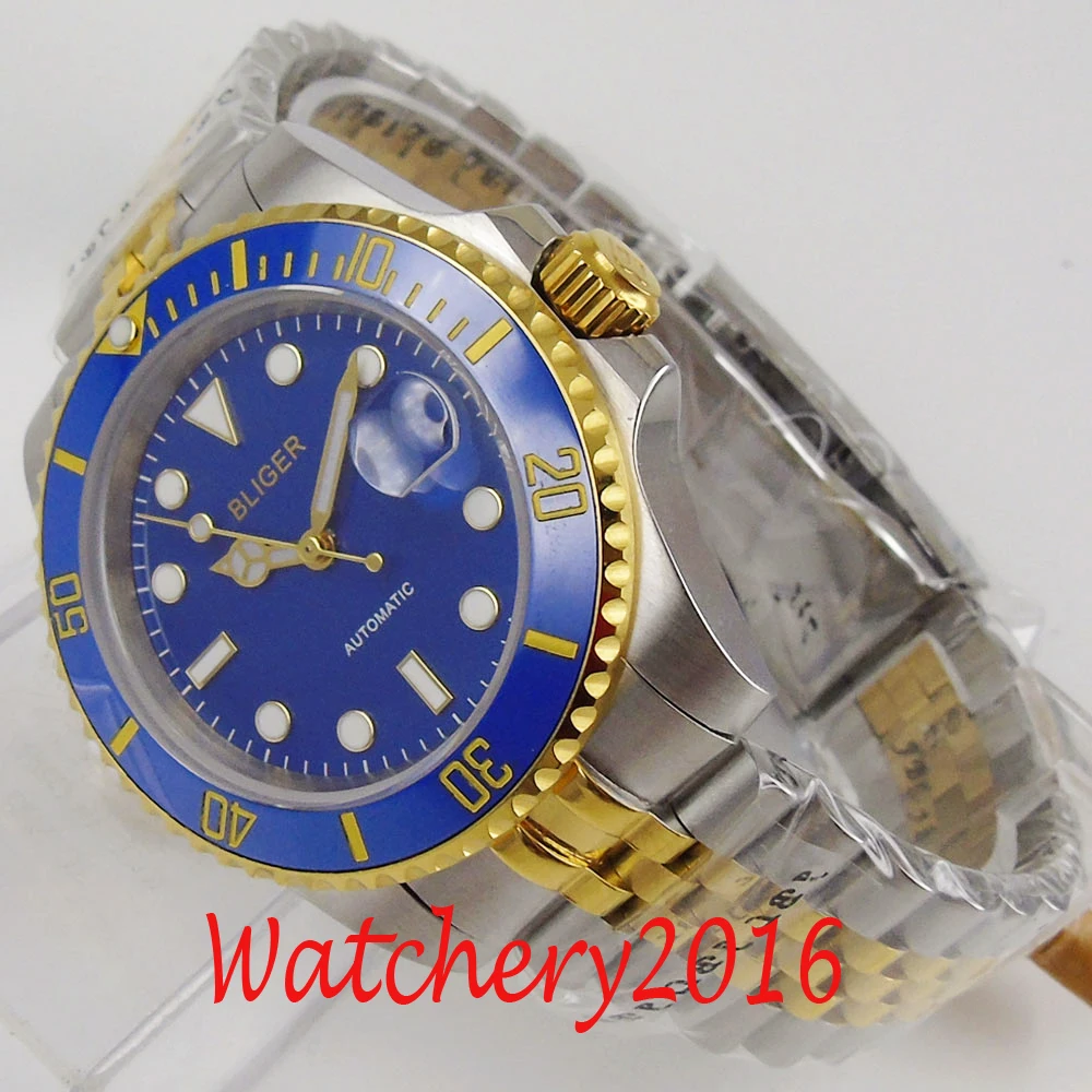 40mm Bliger blue dial Blue Ceramic Auto Date Sapphire crystal date miyota Automatic movement Mechanical Wristwatches Men's Watch |