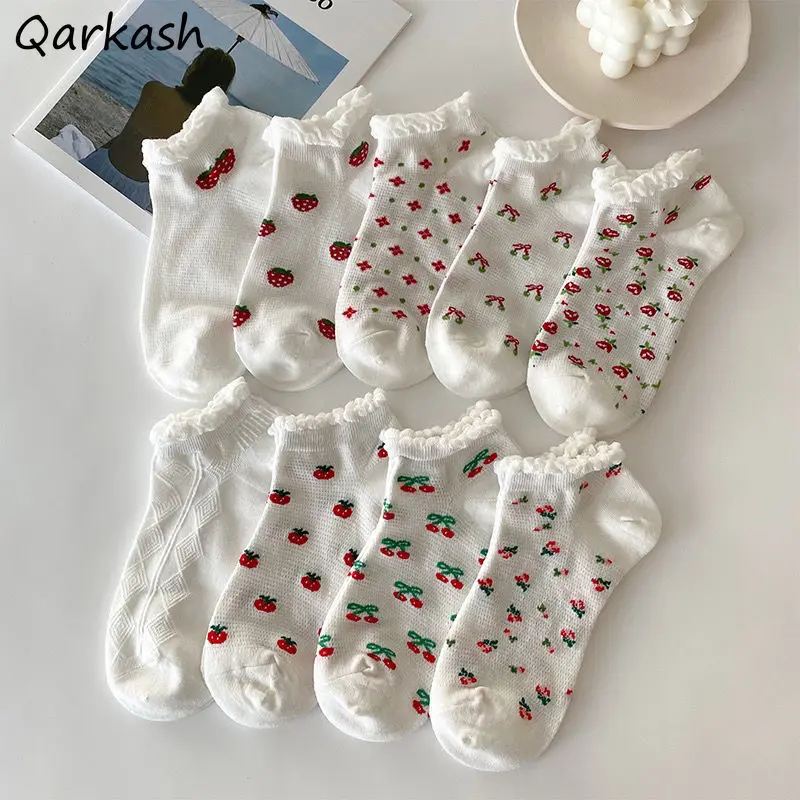 

Socks Women Korean Style Kawaii White Print Cute Design Japanese Trendy Casual Low Tube 6pcs Harajuku Summer Thin Christmas Gift