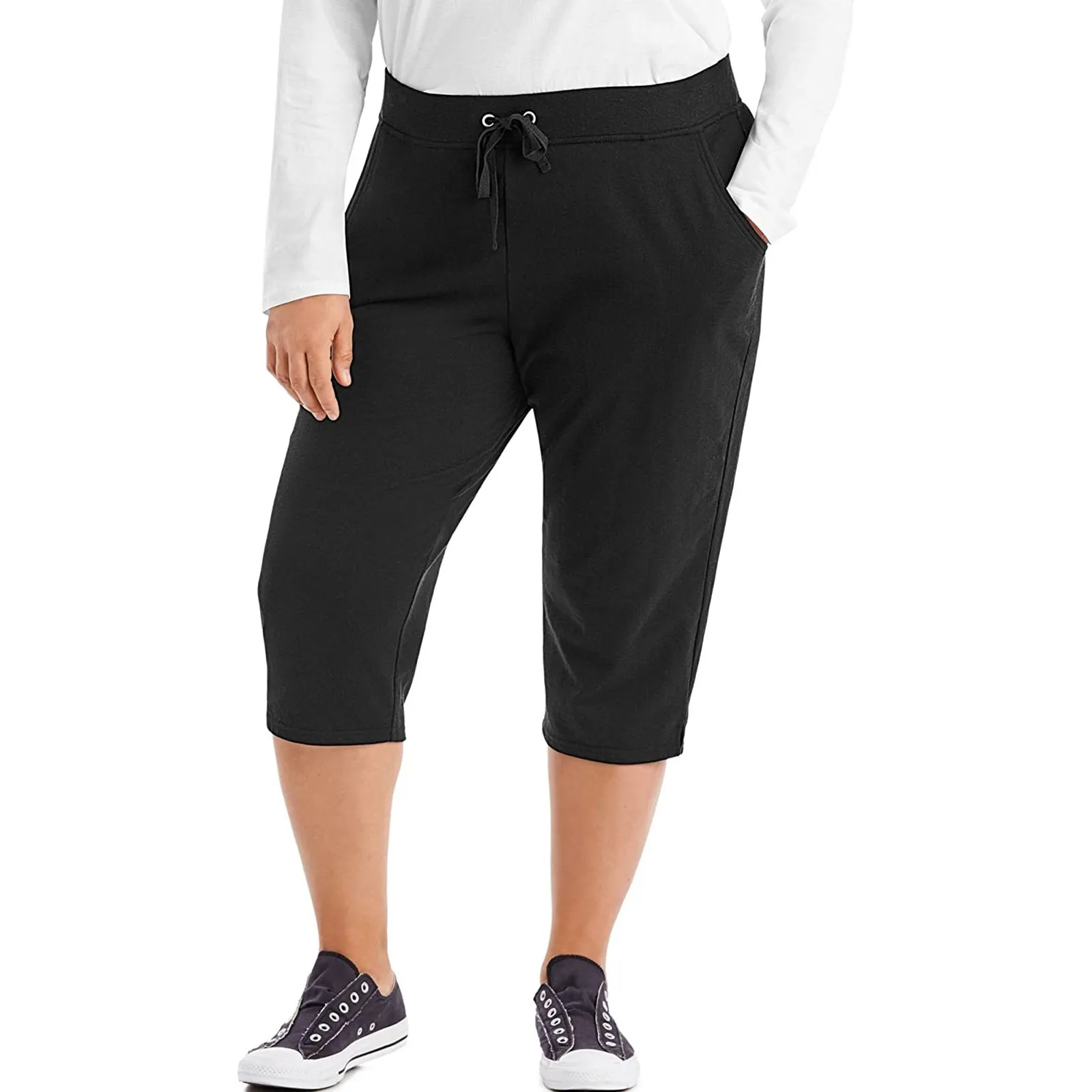 

4XL Women Summer Autumn Ladies 3/4 Trousers Casual Solid Color Mid Waist Drawstring Pockets Sports Capri Pants For Female Women