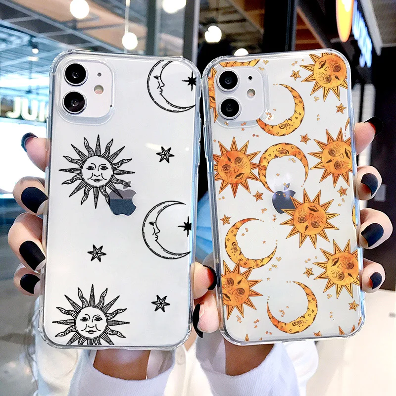 Funny Sun Moon Face Shockproof Phone Case For iPhone 11 12 13 Pro MAX X XS MAX XR SE 2020 7 8 Plus transparent Matte Back Cover
