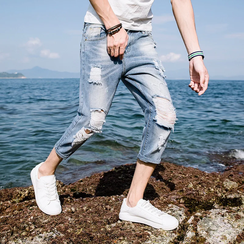 

Summer 2022 Fashion Korean Style Teenagers Street Ripped Holes Slim Boys Shorts Ripped Copper Ultra-thin Jeans Calf Length Pants