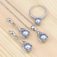 silver 925 jewelry set for women grey pearl party accessories drop earringsringpendantnecklace set