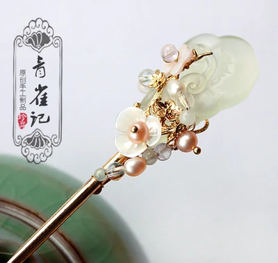 Винтажная Нефритовая шпилька для волос с жемчужиной ручной работы аксессуары на