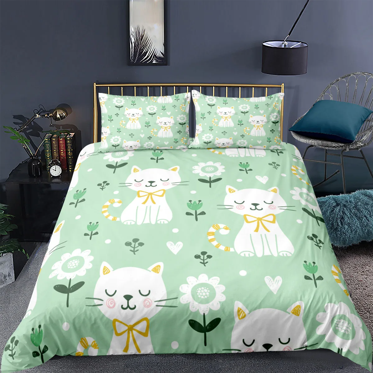 Разноцветное постельное белье набор 3D Кот с галстуком бабочкой пододеяльником и