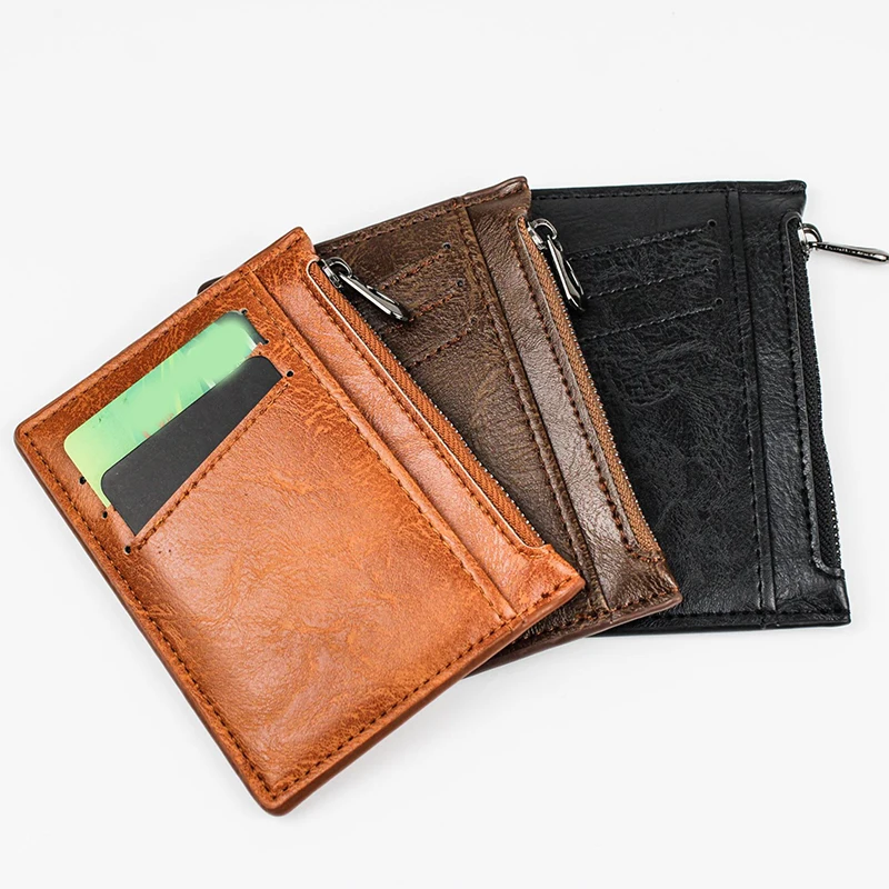 Ultra Thin Zipper Wallet Men's Small Wallet Business PU Leather Wallets Band Solid Color Card Coin Purse Credit Bank Holder