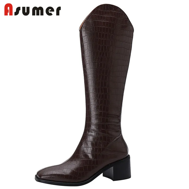 

Asumer 2022 New Arrive Western Boots Women Genuine Leather Boots Thick High Heels Zip Autumn Winter Knee High Boots Women Shoes