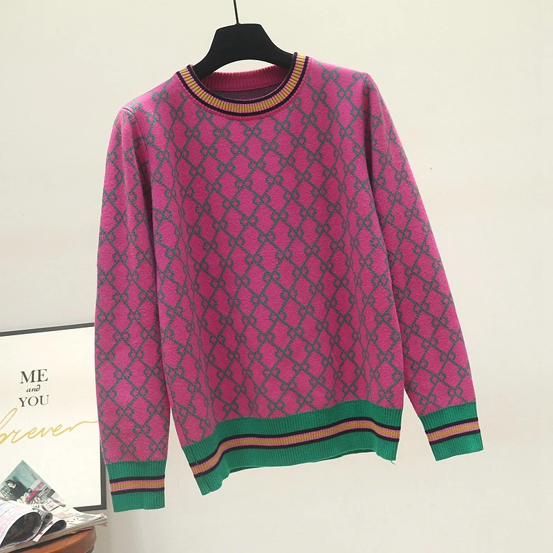 

Autumn And Winter New Loose Knit Sweater Korean Style Pullover Round Neck Geometric Clash Jacquard Casual Sweater Jumper