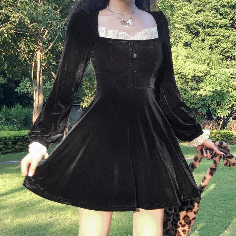 

Korean Style Kawaii A-line Dress Vintage Velvet Lace Patchwork Square Collar Long Sleeve Black Mini Dresses Women Clothes