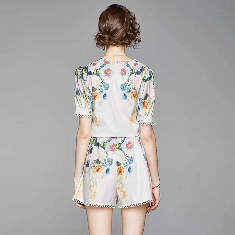 

Summer Runway Designer Flower Printed 2 pcs Set Women V Collar Shirt Top and Belt bow Pocket Shorts Suits Set
