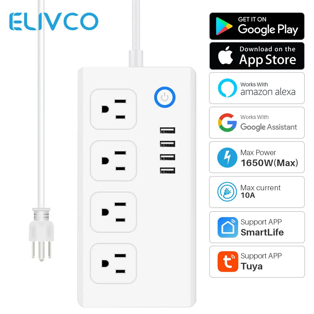 Умный удлинитель Tuya с Wi-Fi 10 А 4 USB-порта | Электроника